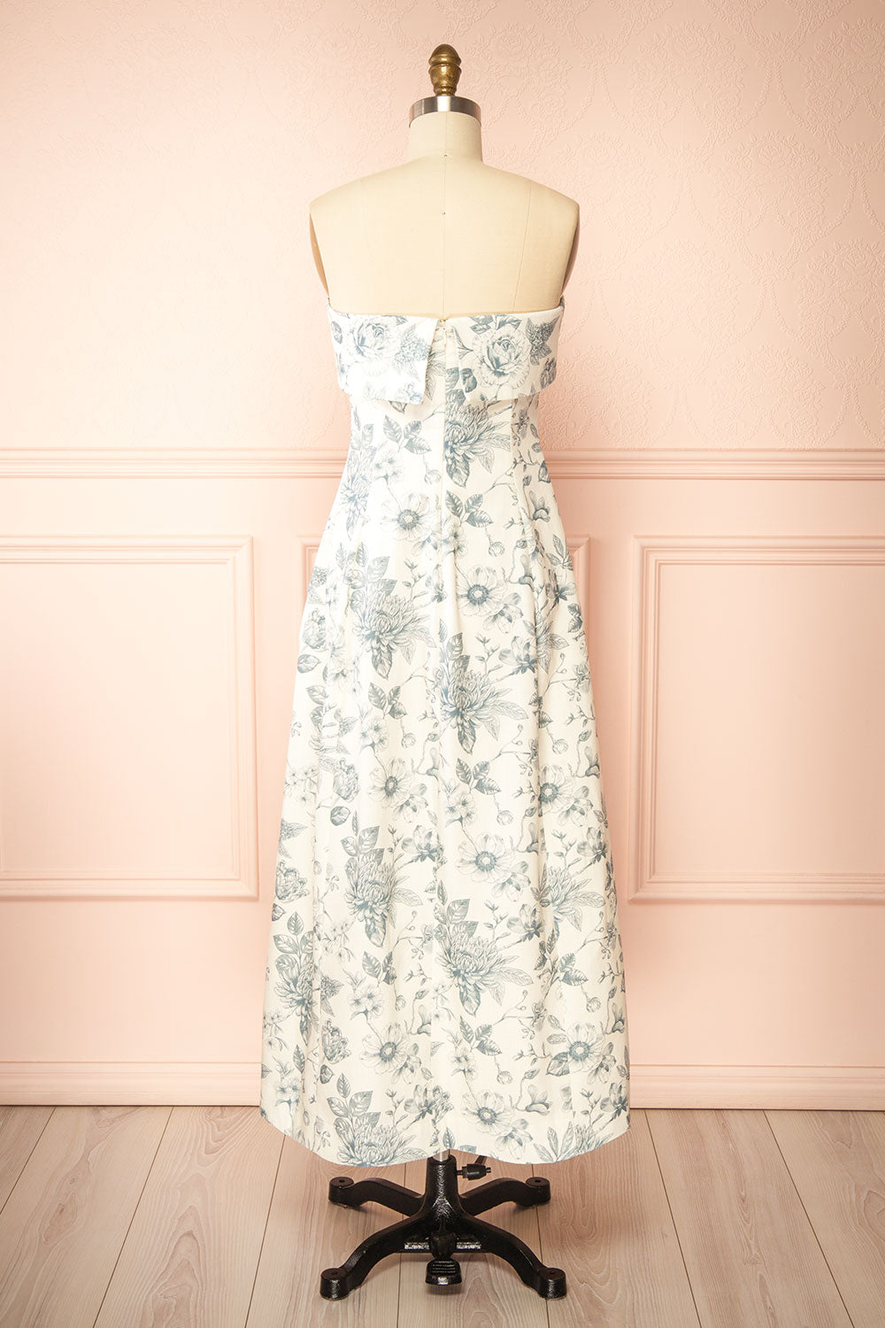 Louna Blue Strapless Floral Faux Linen Dress | Boutique 1861 back view