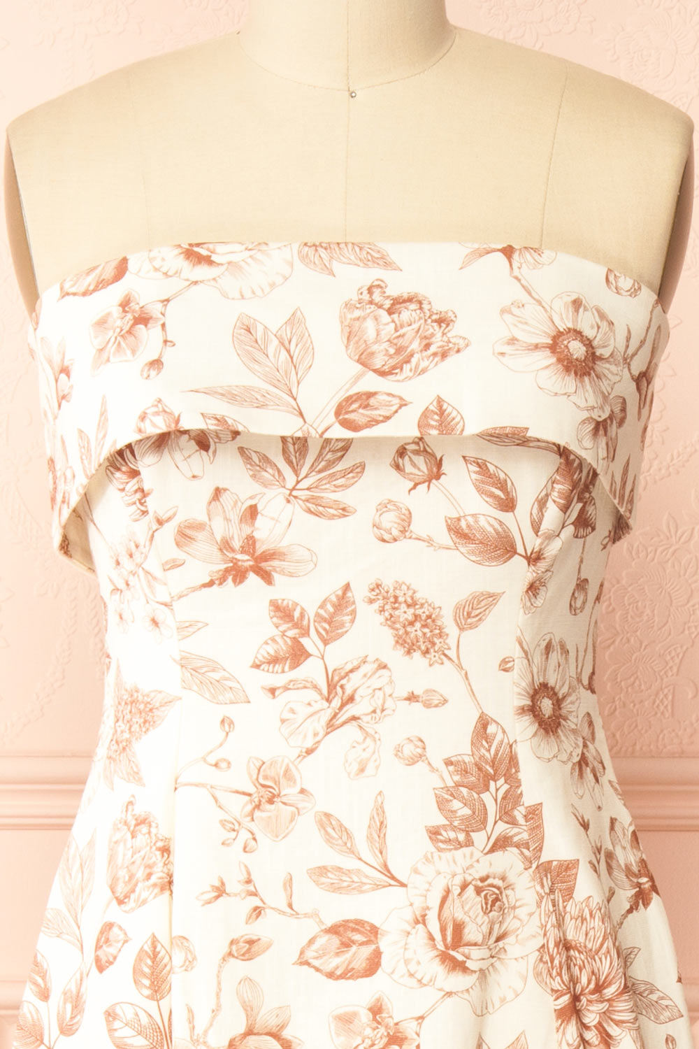 Louna Brown Strapless Floral Faux Linen Dress | Boutique 1861 front