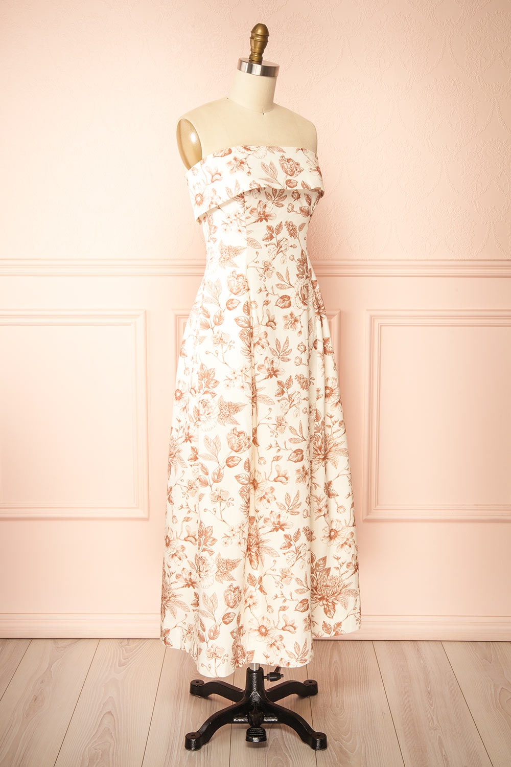 Louna Brown Strapless Floral Faux Linen Dress | Boutique 1861 side view
