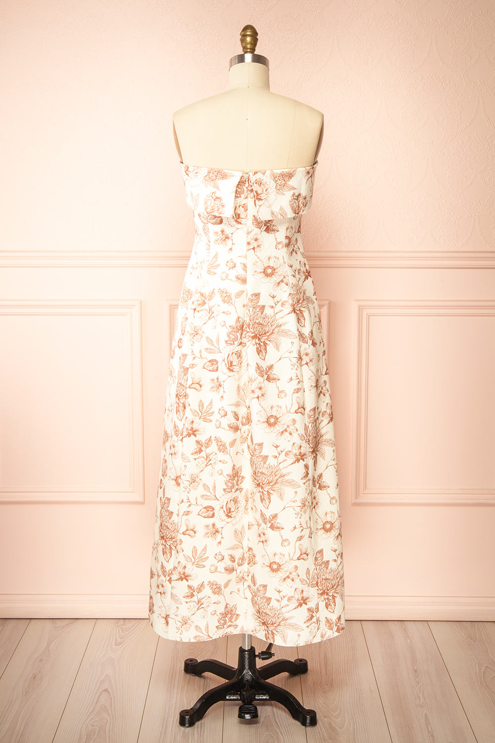 Louna Brown Strapless Floral Faux Linen Dress | Boutique 1861 back view