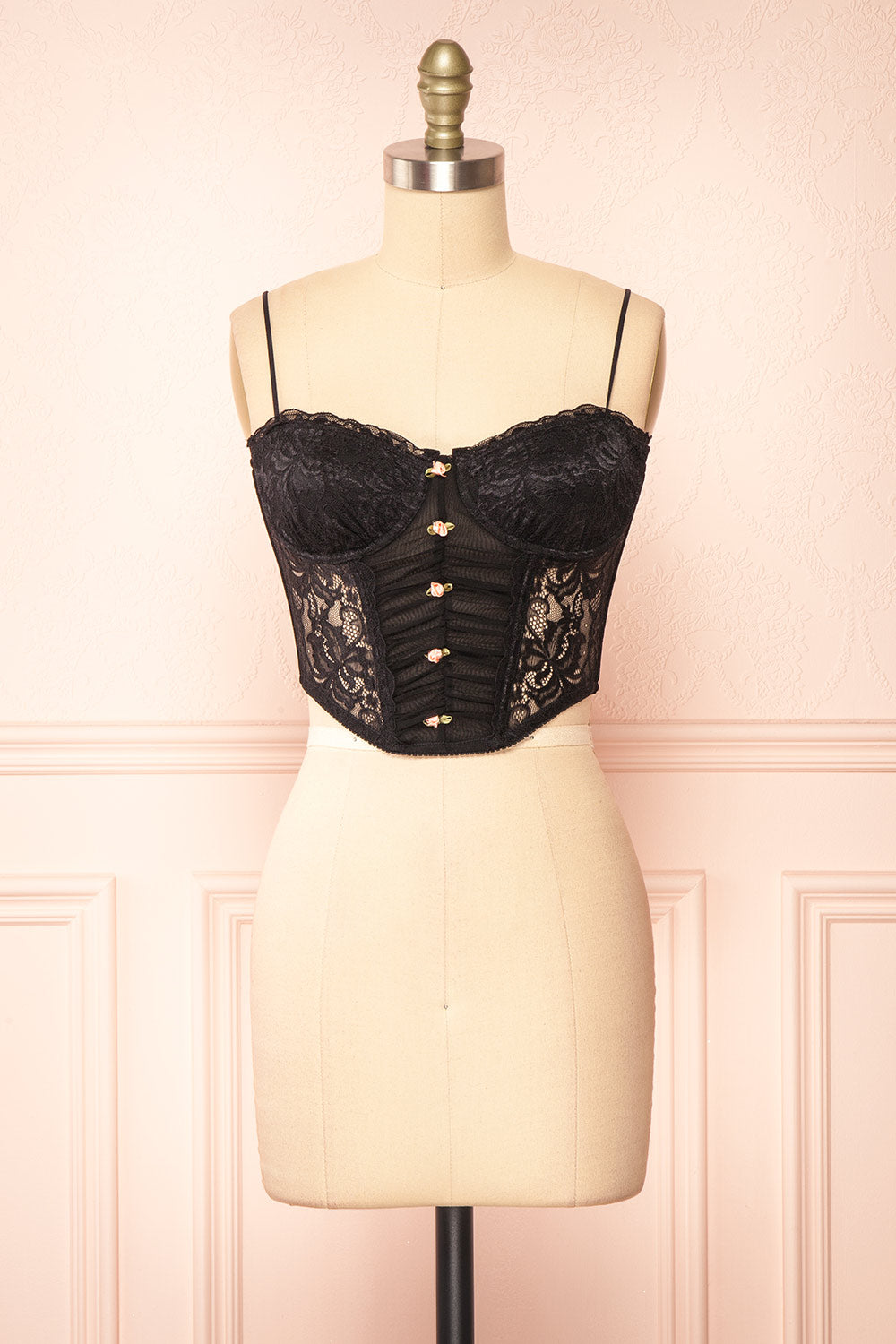 Lucie Cropped Black Lace Corset w/ Roses | Boutique 1861 front view