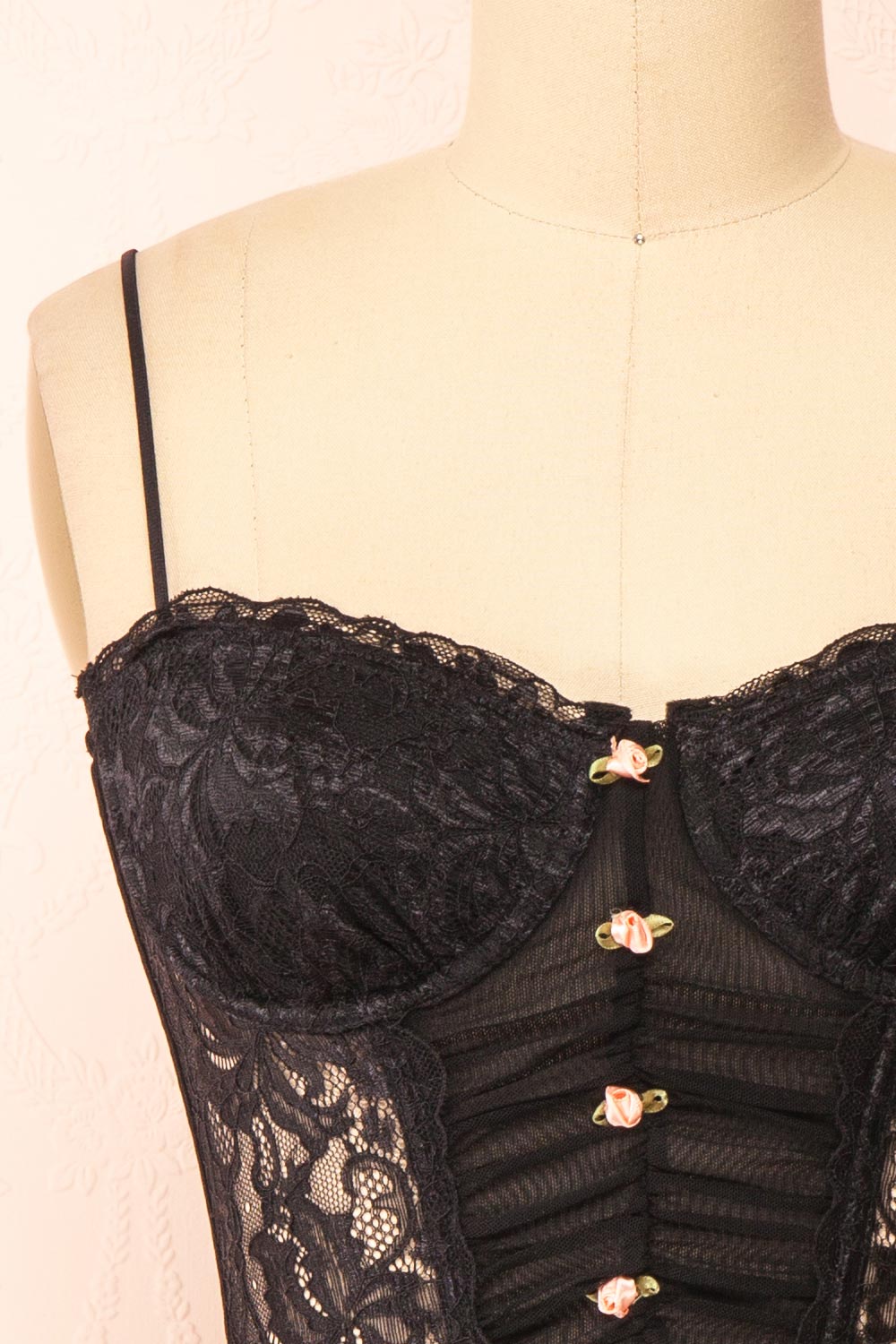 Lucie Cropped Black Lace Corset w/ Roses | Boutique 1861 front close-up