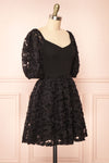 Lucindra Short Black Dress w/ Chiffon Flowers | Boutique 1861 side view