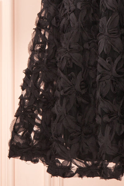 Lucindra Short Black Dress w/ Chiffon Flowers | Boutique 1861 bottom close-up
