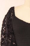Lucindra Short Black Dress w/ Chiffon Flowers | Boutique 1861 front close-up