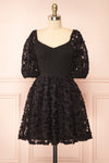 Lucindra Short Black Dress w/ Chiffon Flowers | Boutique 1861 front view
