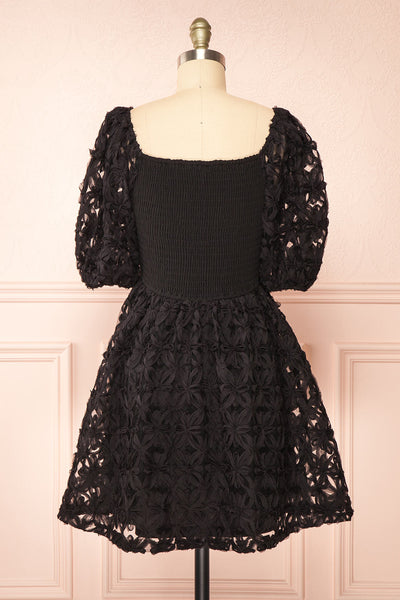 Lucindra Short Black Dress w/ Chiffon Flowers | Boutique 1861 back view