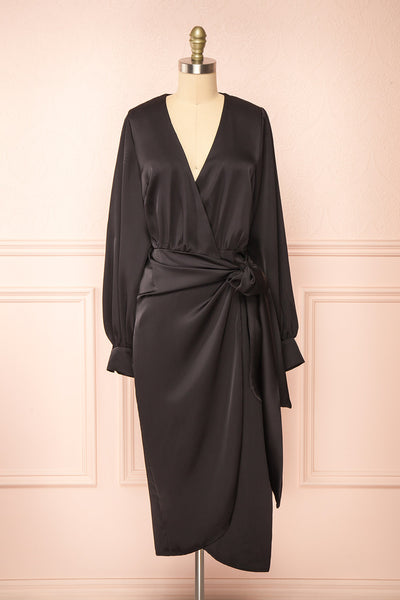 Lunaria Black Satin Wrap Midi Dress w/ Long Sleeves | Boutique 1861 front view