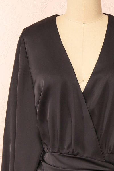 Lunaria Black Satin Wrap Midi Dress w/ Long Sleeves | Boutique 1861 front