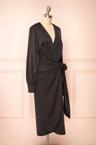 Lunaria Black Satin Wrap Midi Dress w/ Long Sleeves | Boutique 1861 side view