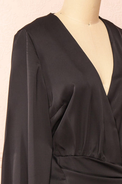 Lunaria Black Satin Wrap Midi Dress w/ Long Sleeves | Boutique 1861 side