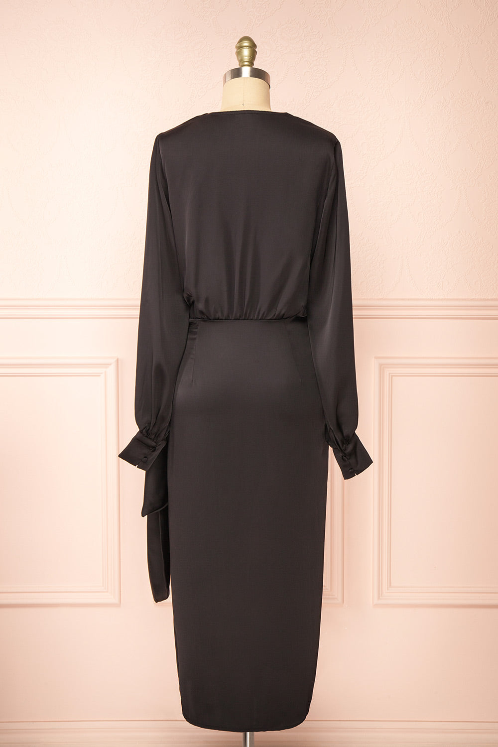 Lunaria Black Satin Wrap Midi Dress w/ Long Sleeves
