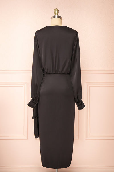 Lunaria Black Satin Wrap Midi Dress w/ Long Sleeves | Boutique 1861 back view