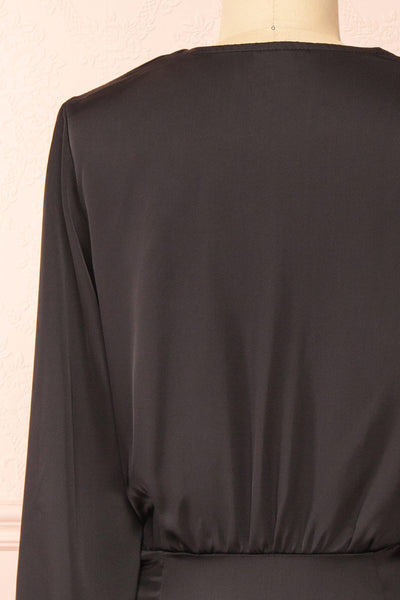 Lunaria Black Satin Wrap Midi Dress w/ Long Sleeves | Boutique 1861 back