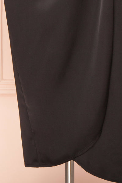 Lunaria Black Satin Wrap Midi Dress w/ Long Sleeves | Boutique 1861 botton