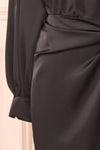 Lunaria Black Satin Wrap Midi Dress w/ Long Sleeves | Boutique 1861 sleeve