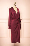 Lunaria Burgundy Satin Wrap Midi Dress w/ Long Sleeves | Boutique 1861 side view