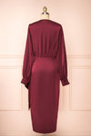 Lunaria Burgundy Satin Wrap Midi Dress w/ Long Sleeves | Boutique 1861 back view