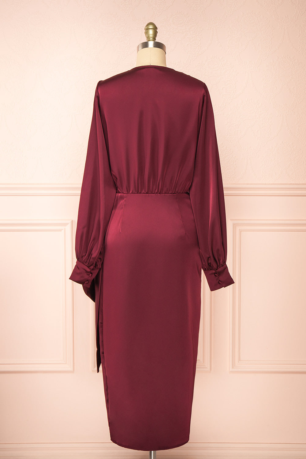 Lunaria Burgundy Satin Wrap Midi Dress w/ Long Sleeves