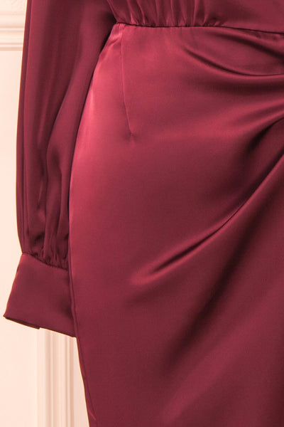Lunaria Burgundy Satin Wrap Midi Dress w/ Long Sleeves | Boutique 1861 sleeve