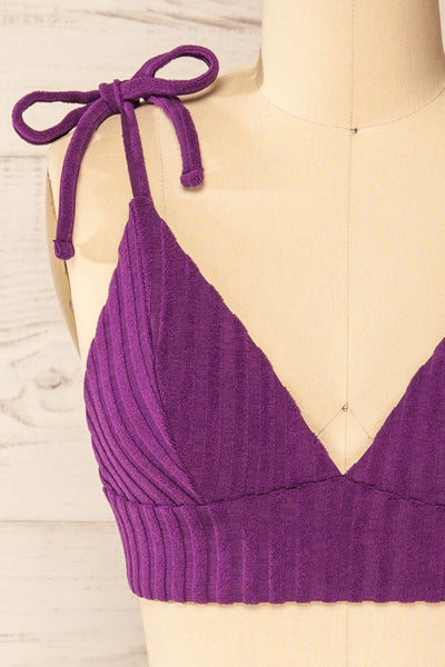 Lusaka Purple Ribbed Bikini Top | La petite garçonne front close-up