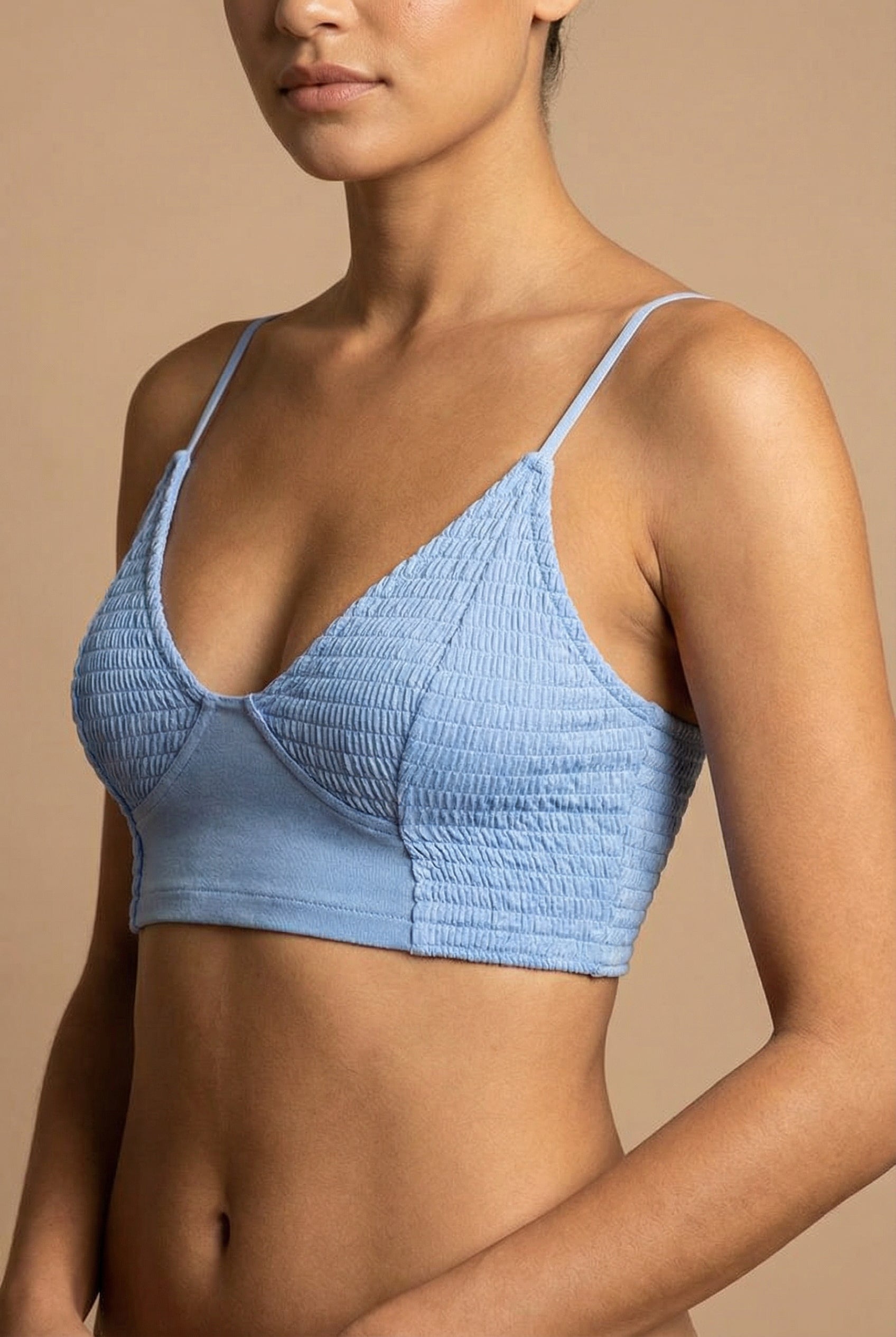 woman wearing Lustleigh Blue Cropped Ruched Camisole from La petite garçonne  