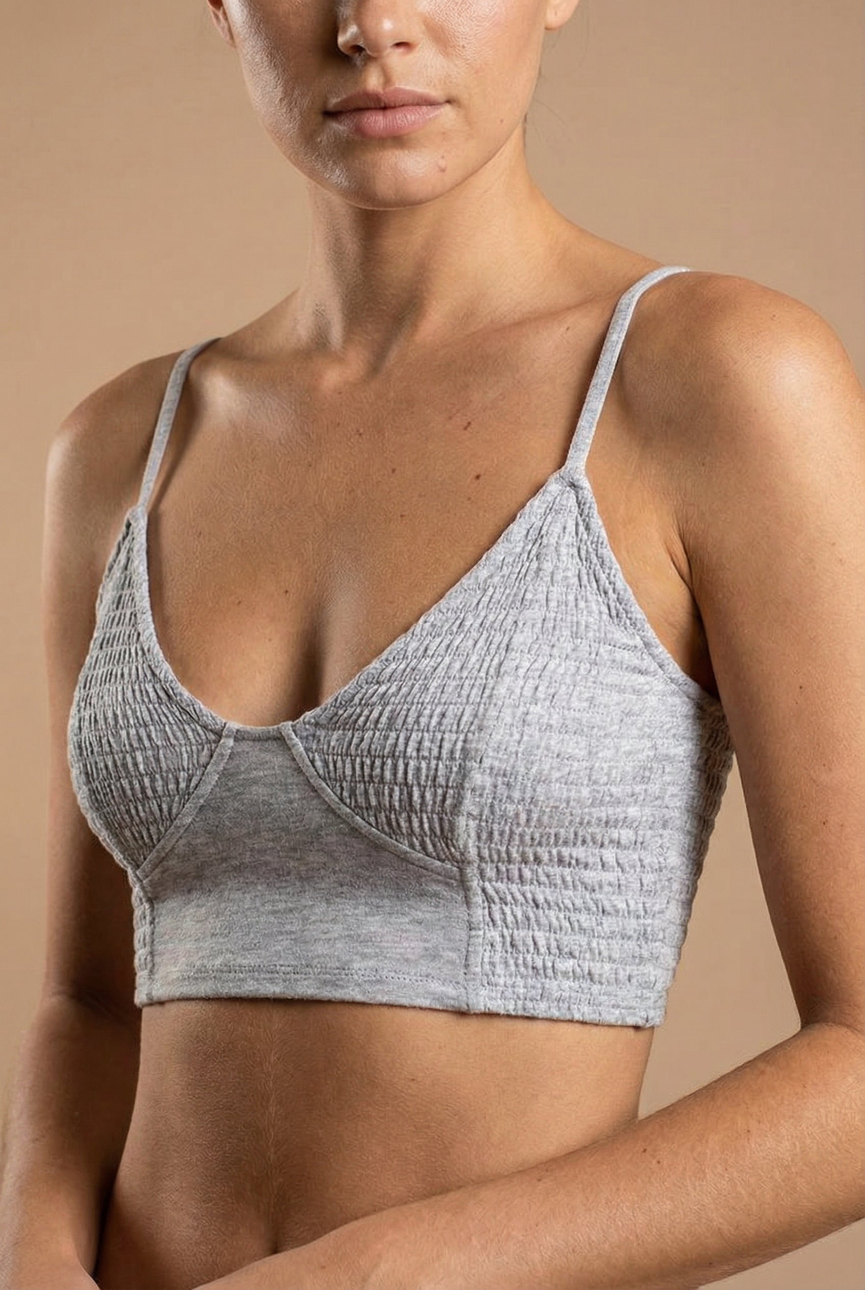 Woman wearing Lustleigh Grey Cropped Ruched Camisole from La petite garçonne  
