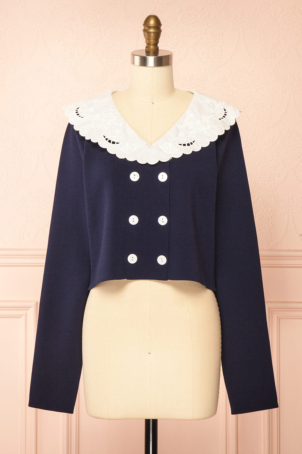 Lynette Navy Cropped Top with Peter Pan Collar | Boutique 1861 front view