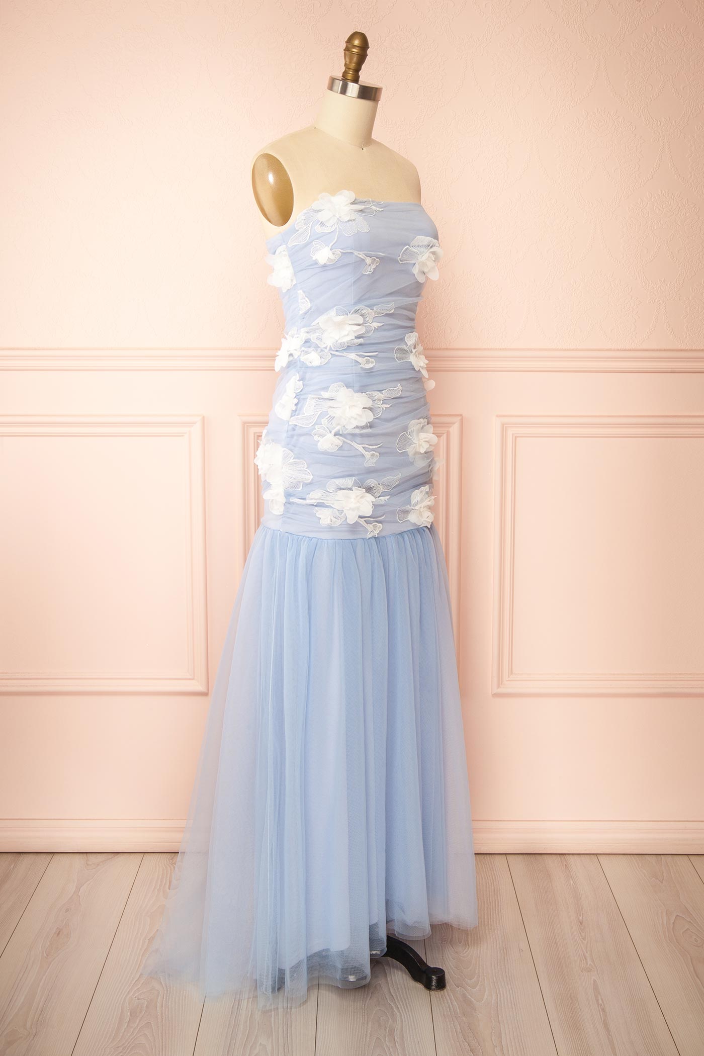 Lyrielle Blue Strapless Maxi Dress with Floral Appliques | Boutique 1861 side 