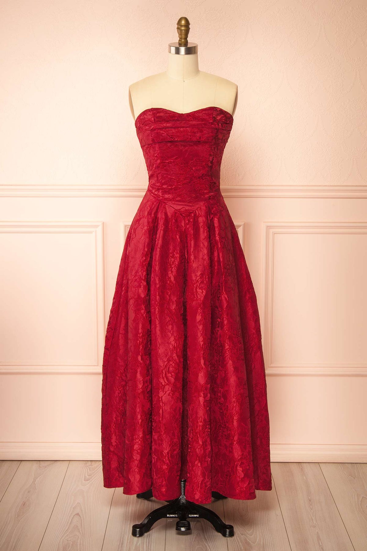 Front view of Lyubov Red Jacquard Midi Corset Dress at Boutique 1861 