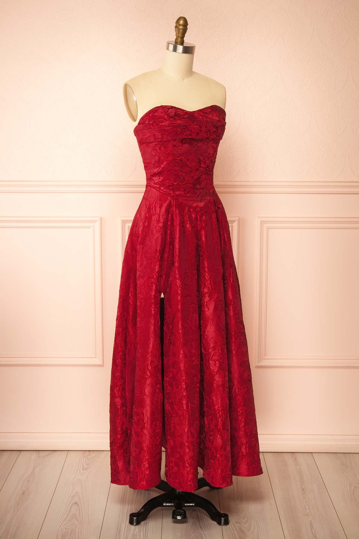 Side view of Lyubov Red Jacquard Midi Corset Dress at Boutique 1861 