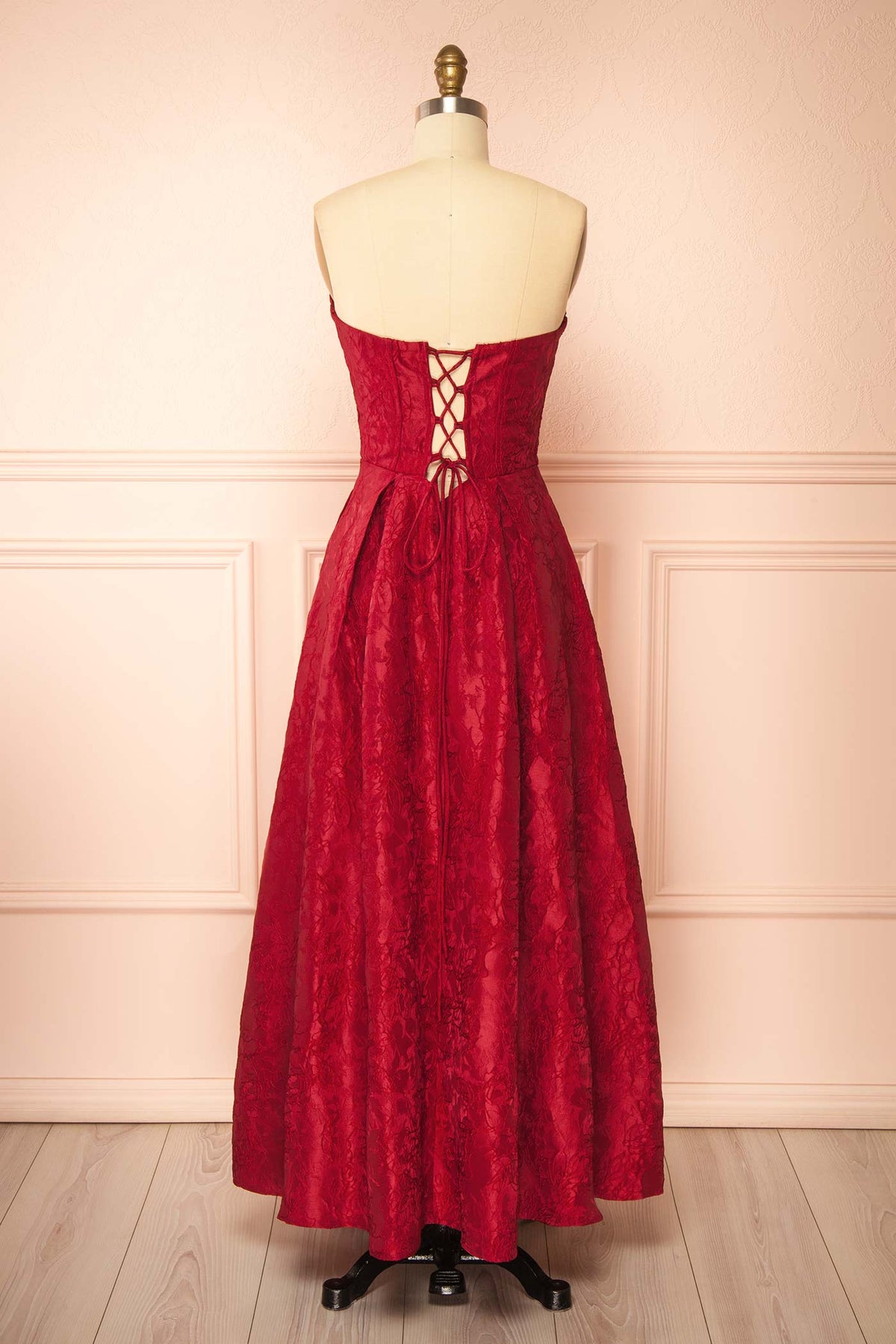 Back view of Lyubov Red Jacquard Midi Corset Dress at Boutique 1861 