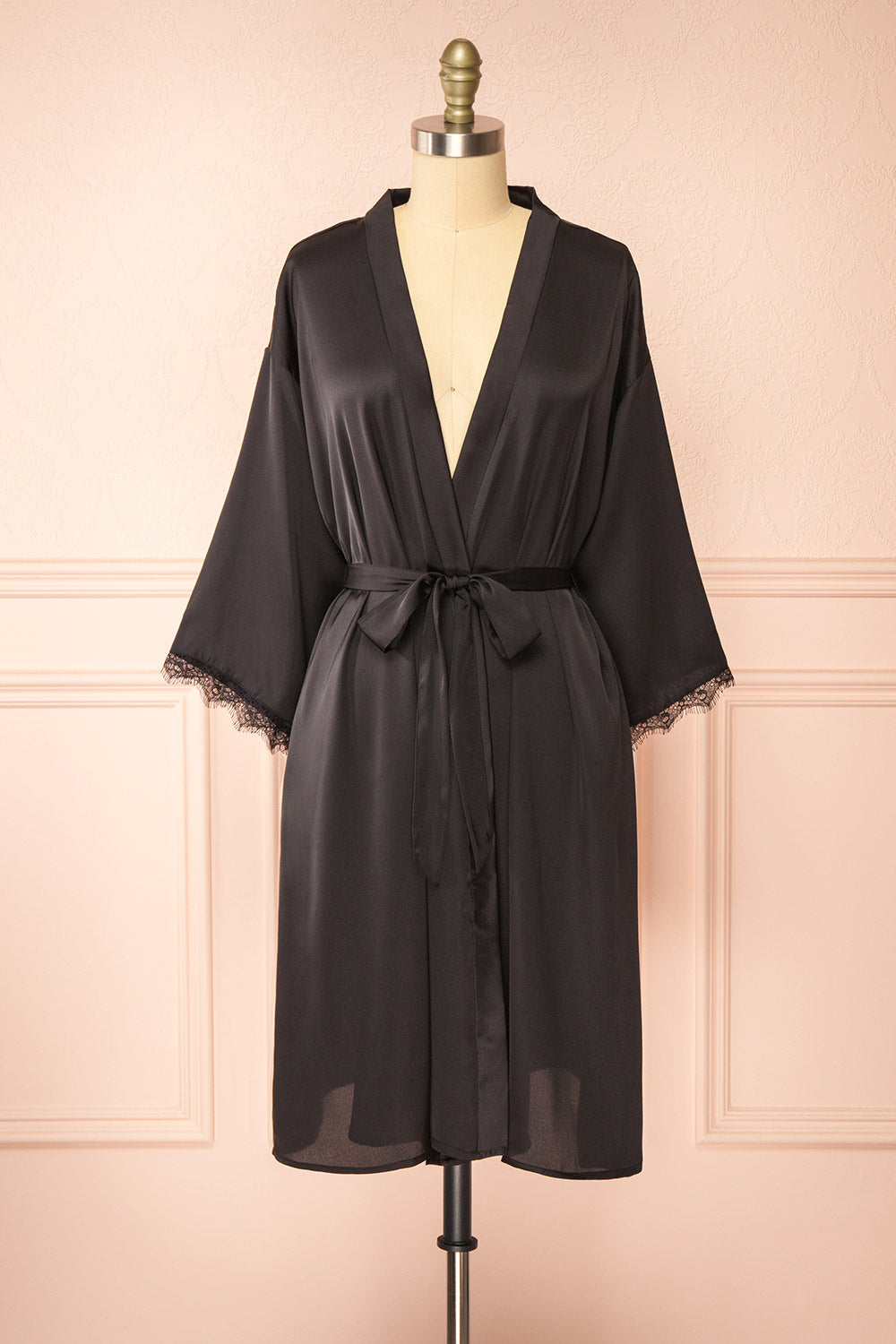 Lyvia Black Satin Kimono w/ Lace | Boutique 1861 front view