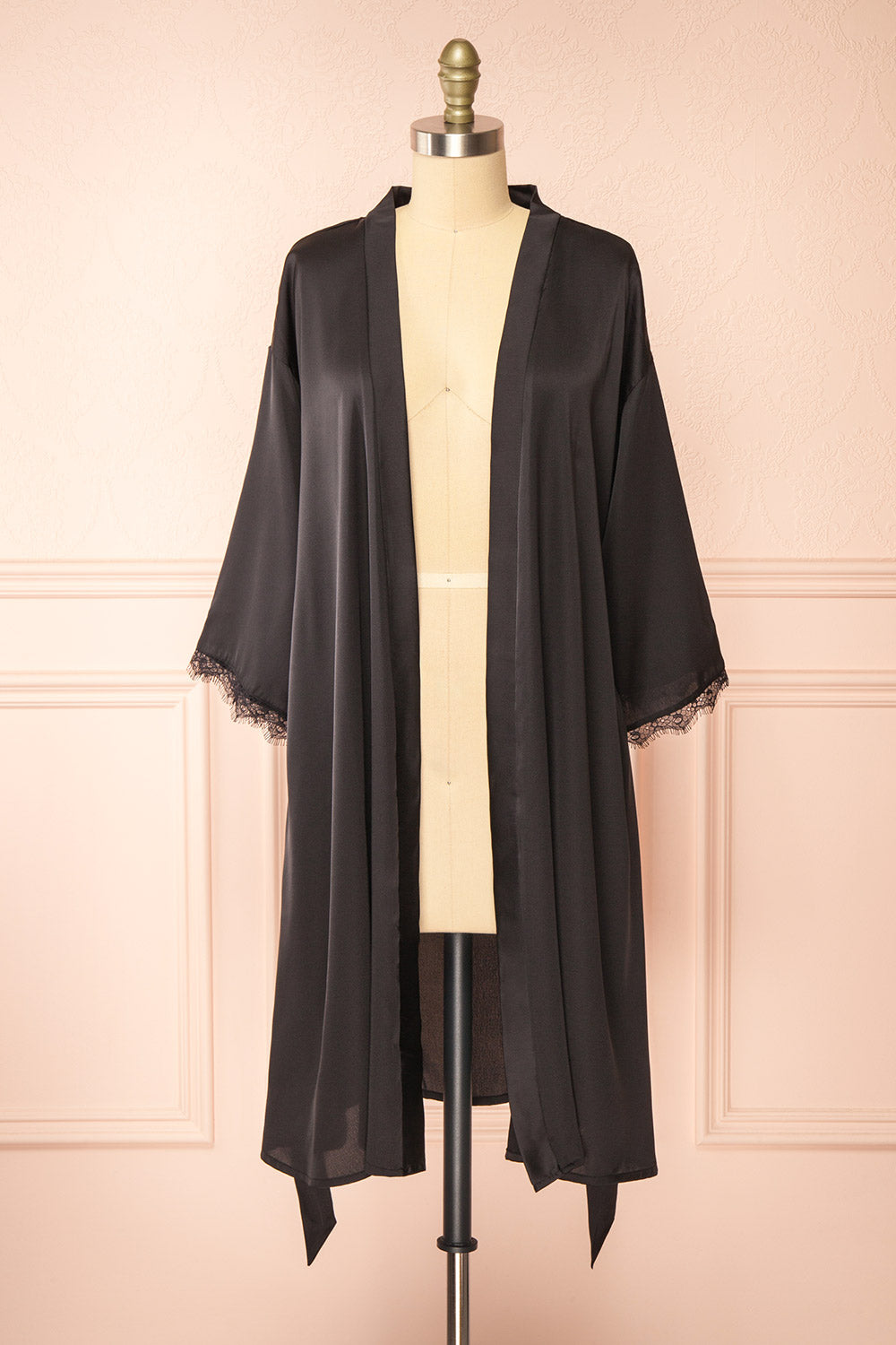 Lyvia Black Satin Kimono w/ Lace | Boutique 1861 open view