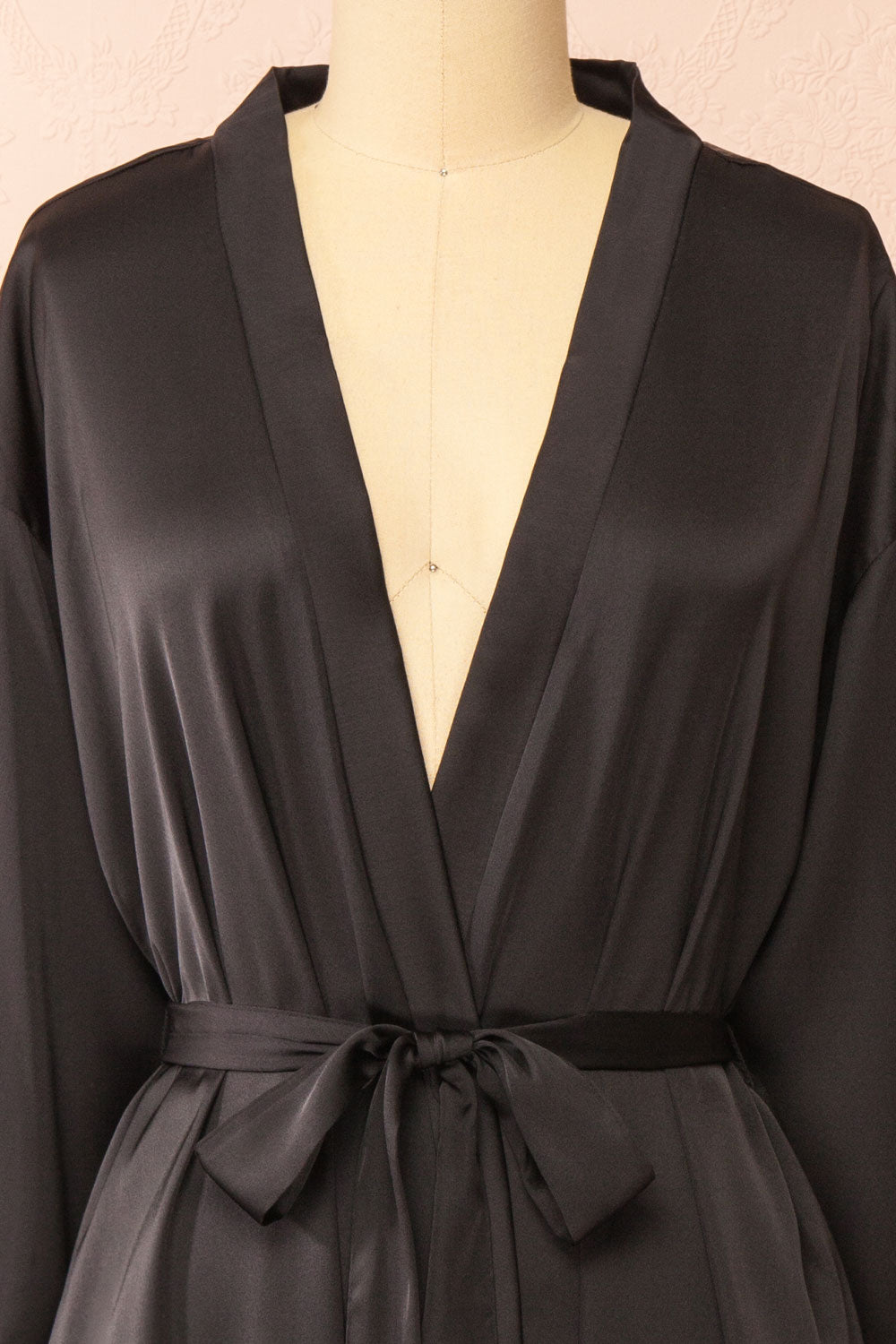 Lyvia Black Satin Kimono w/ Lace | Boutique 1861 front