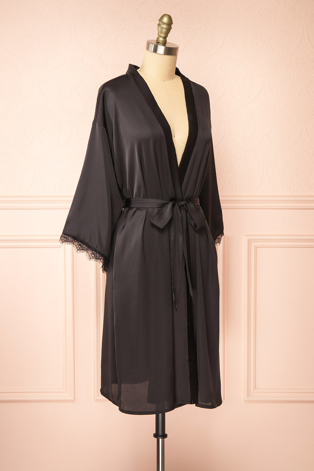 Lyvia Black Satin Kimono w/ Lace | Boutique 1861 side view