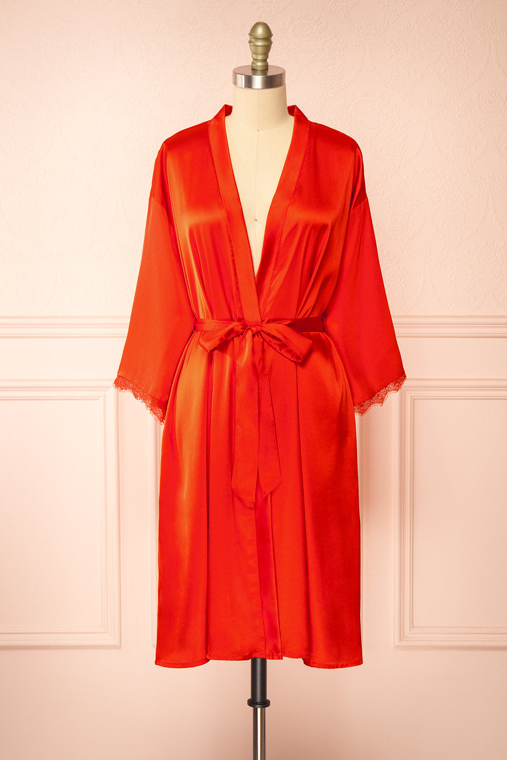 Lyvia Red Satin Kimono w/ Lace | Boutique 1861 front view