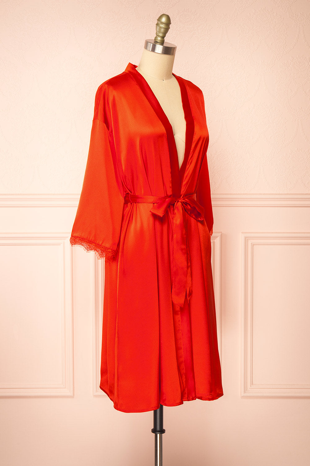 Lyvia Red Satin Kimono w/ Lace | Boutique 1861 side view