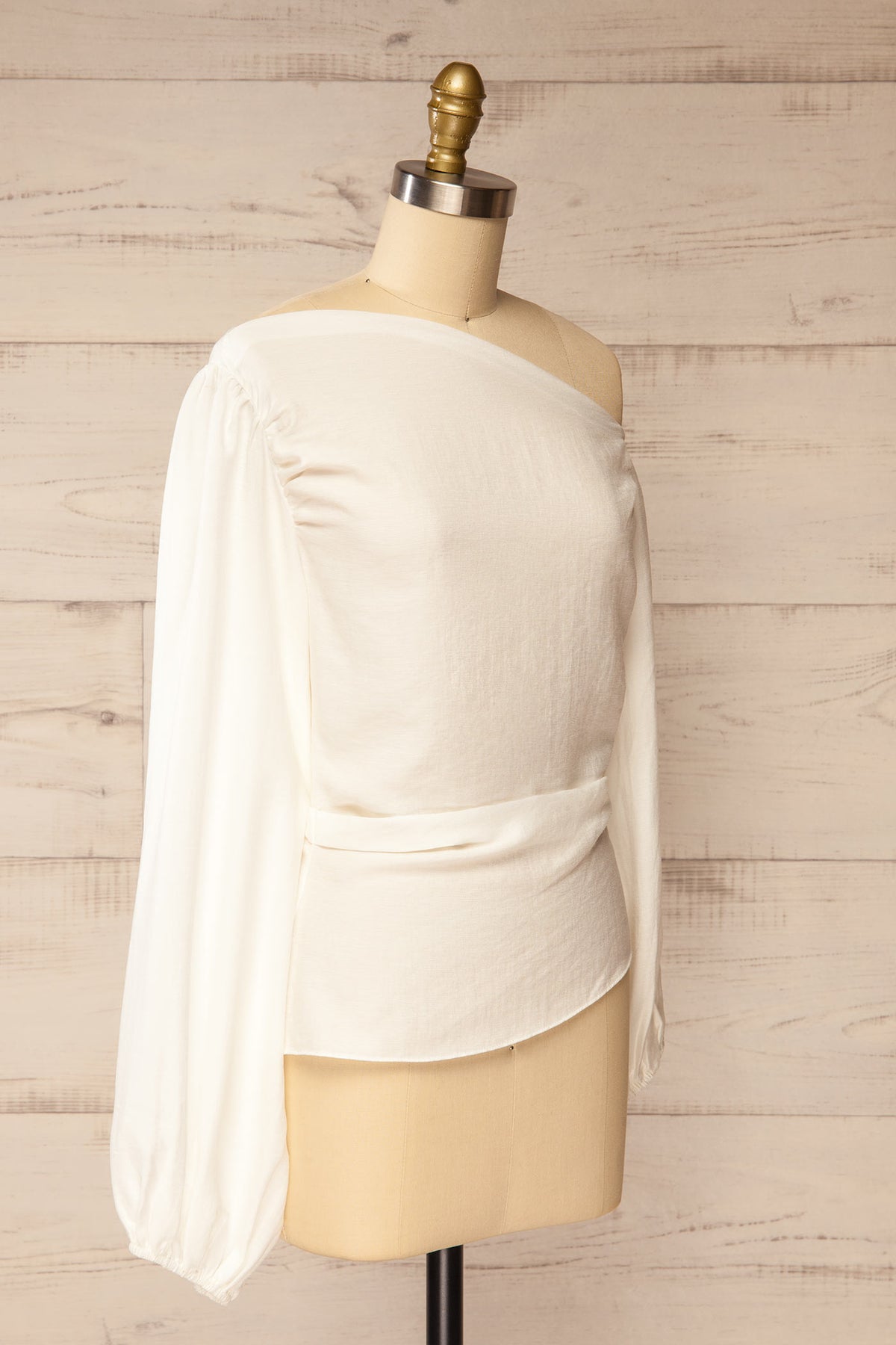 side front view of Macapa White Cowl Neck Long Sleeve Ruched Blouse at La petite garçonne