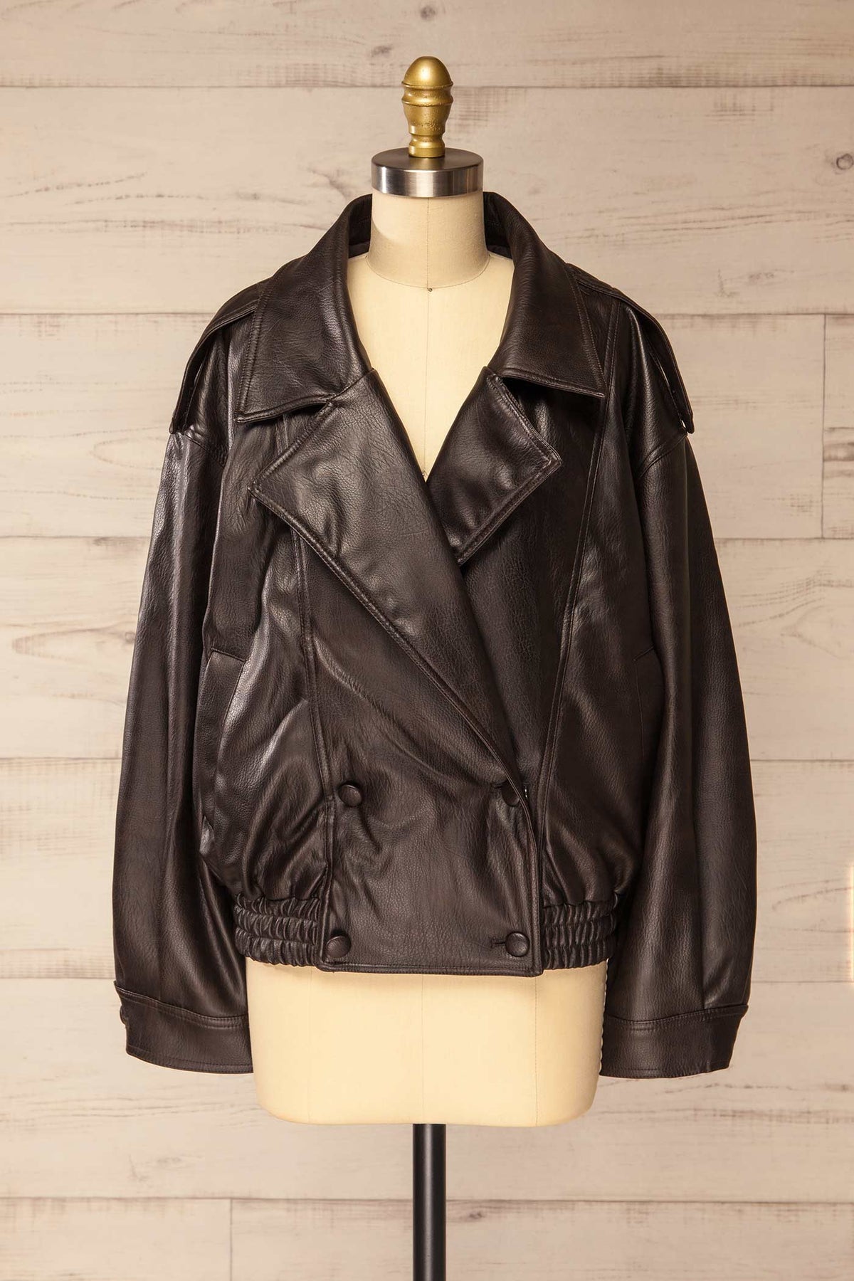 no fur view of Macquarie Brown Faux Leather Jacket with Removable Collar at La petite garçonne