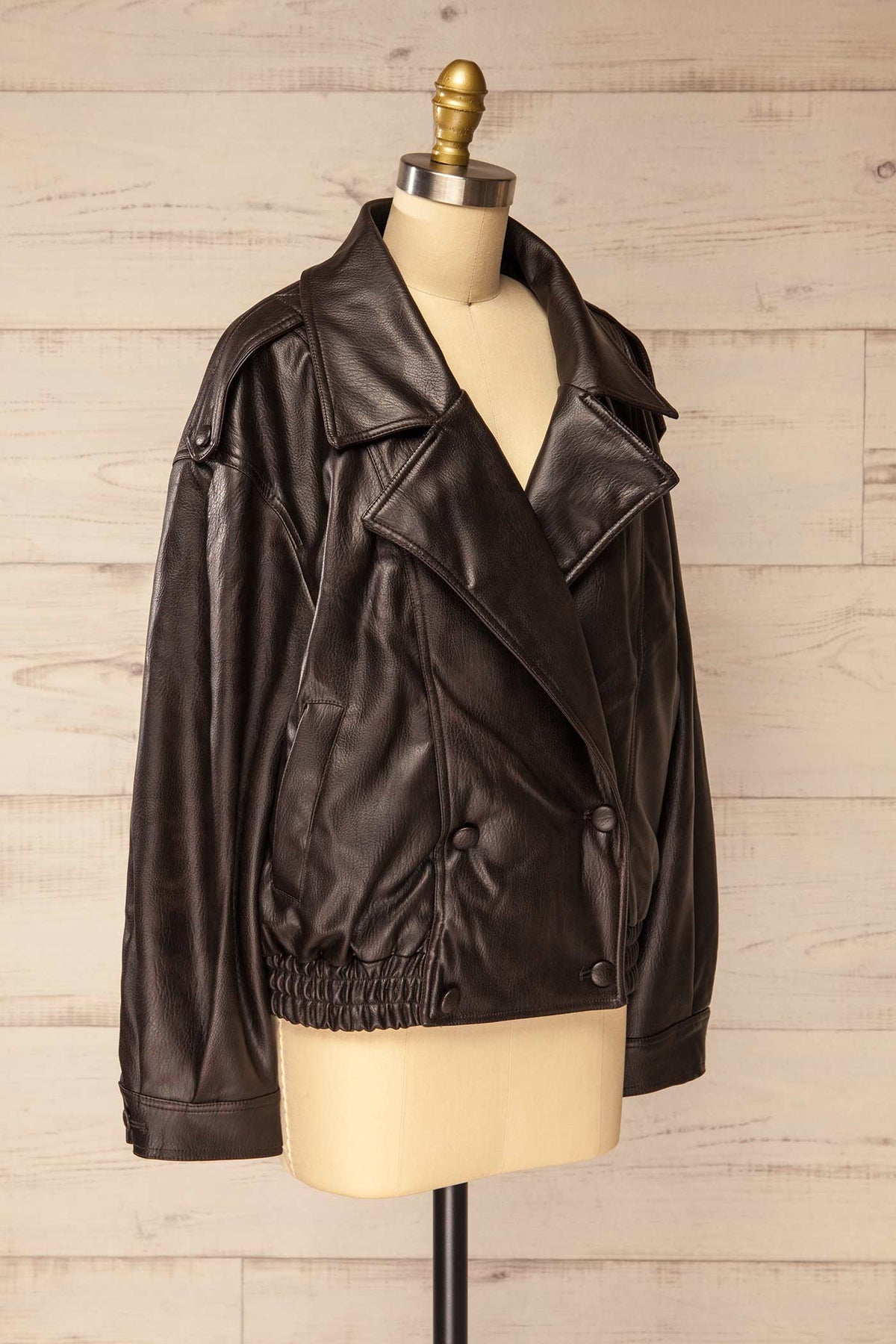 side view of Macquarie Brown Faux Leather Jacket with Removable Collar at La petite garçonne