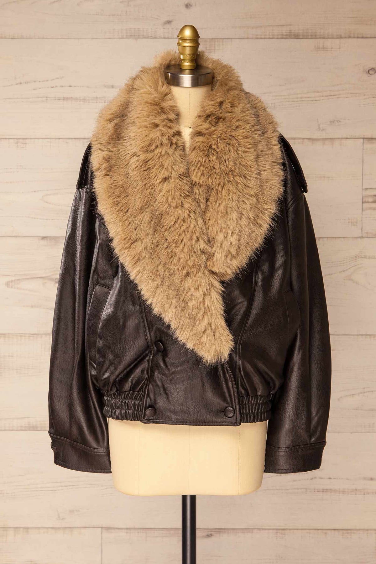 front view of Macquarie Brown Faux Leather Jacket with Removable Collar at La petite garçonne