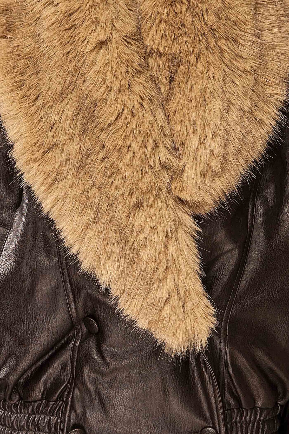 fabric view of Macquarie Brown Faux Leather Jacket with Removable Collar at La petite garçonne