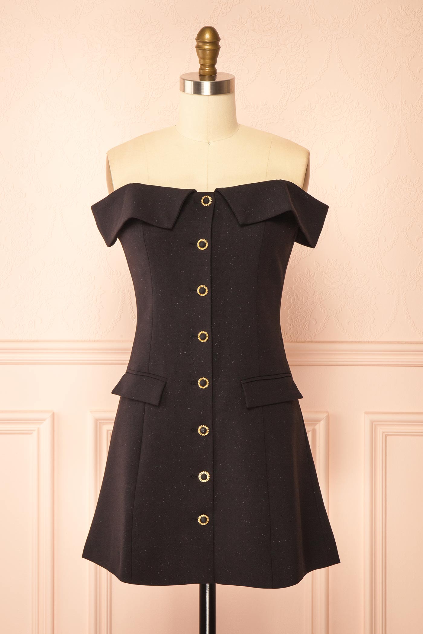 Madalyn Off Shoulder Glitter Black Mini Dress with Buttons and Pockets | Boutique 1861 front 