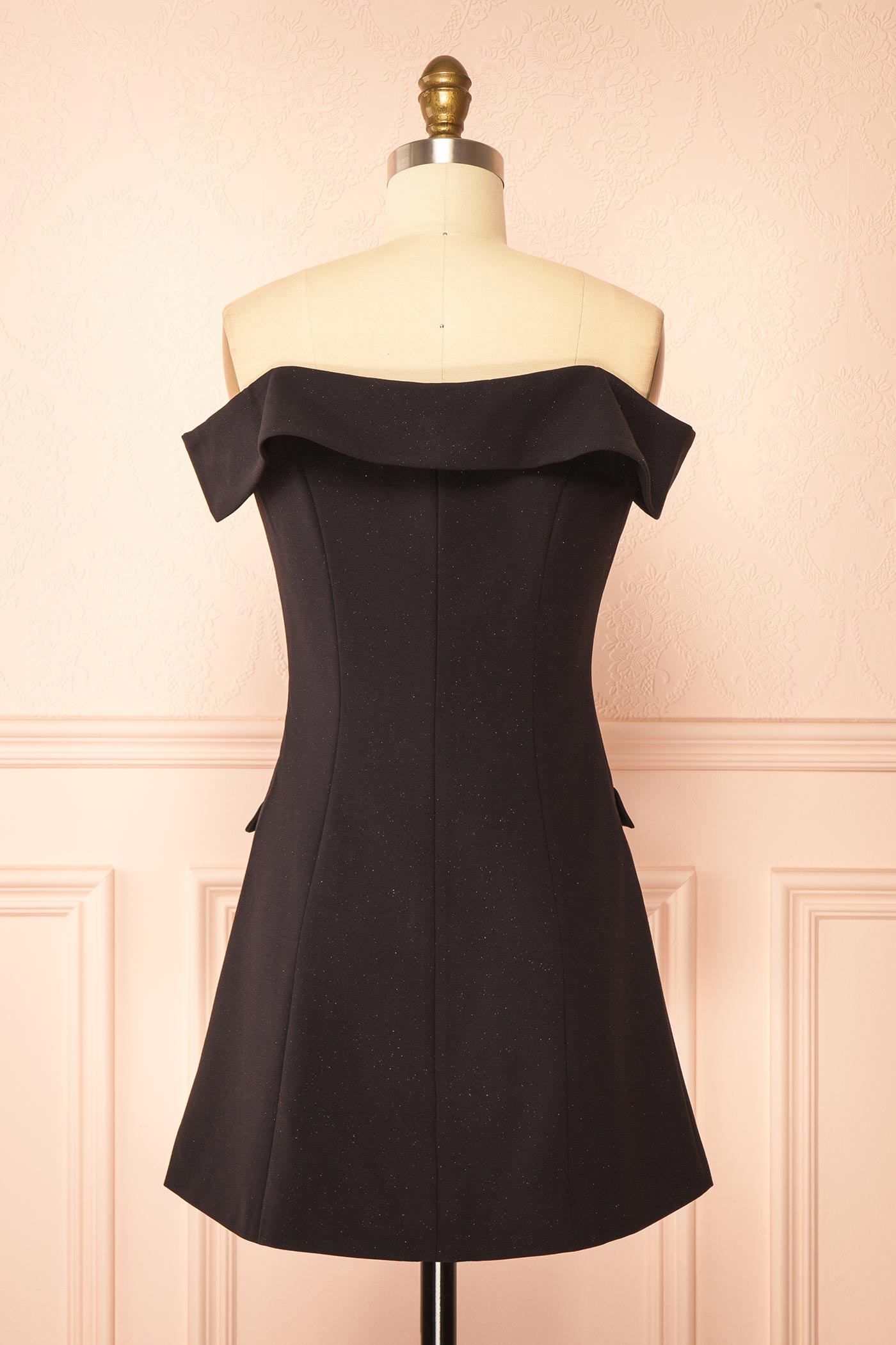 Madalyn Off Shoulder Glitter Black Mini Dress with Buttons and Pockets | Boutique 1861 back