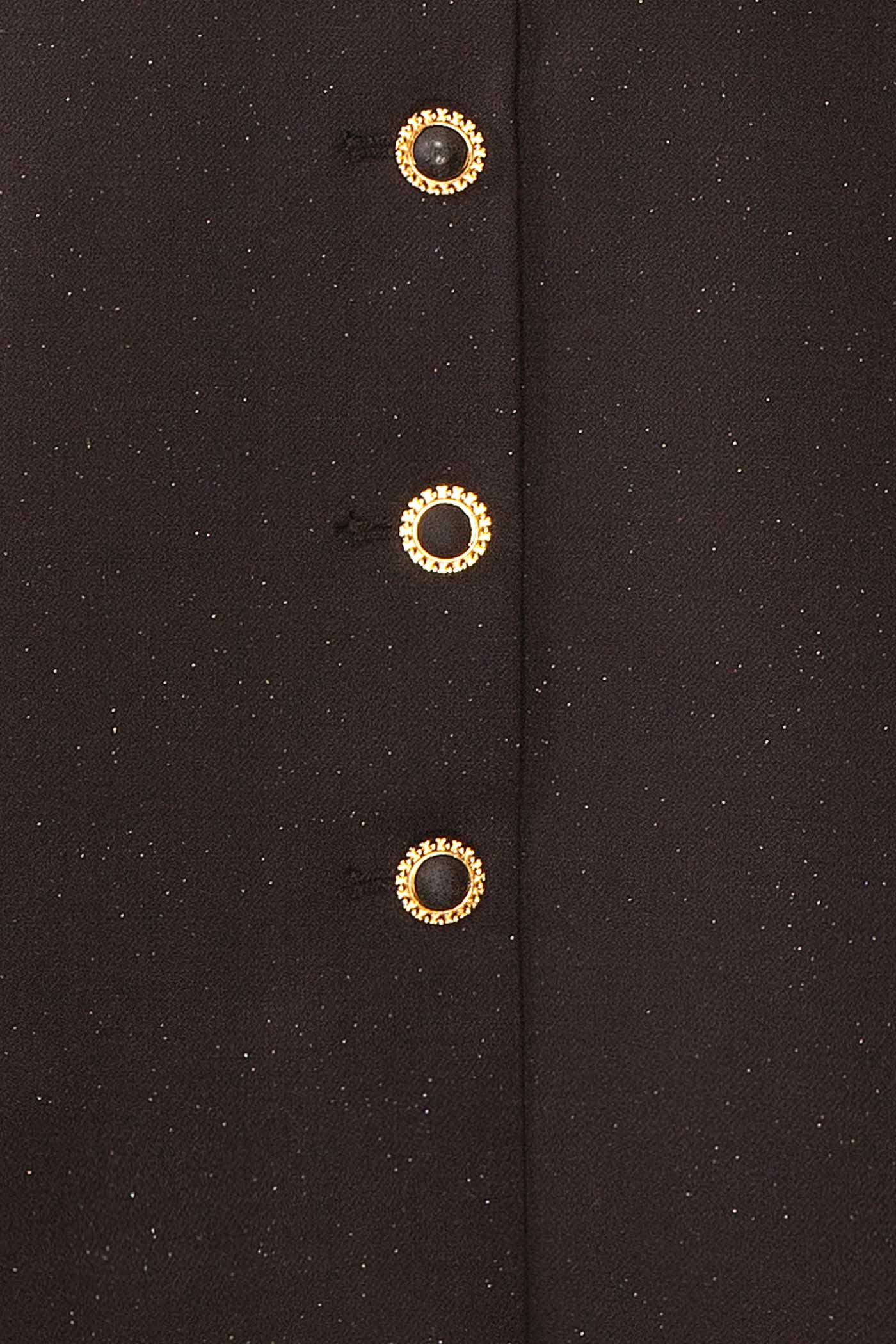 Madalyn Off Shoulder Glitter Black Mini Dress with Buttons and Pockets | Boutique 1861 fabric 