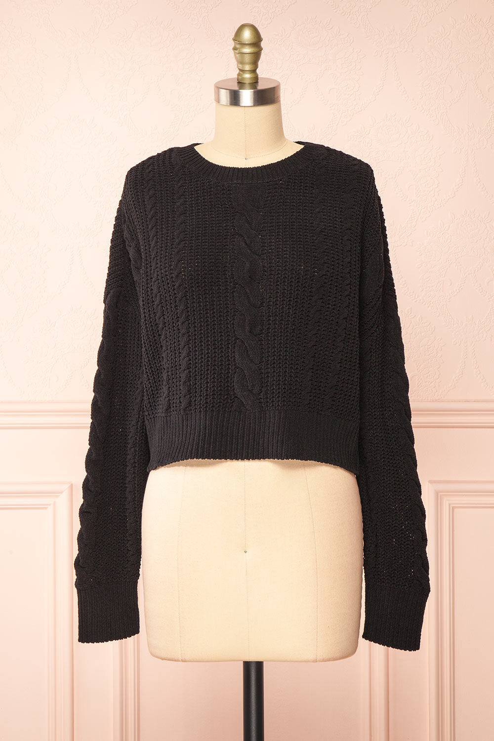 Madeleine Black Cropped Cable Knit Sweater | Boutique 1861 front view