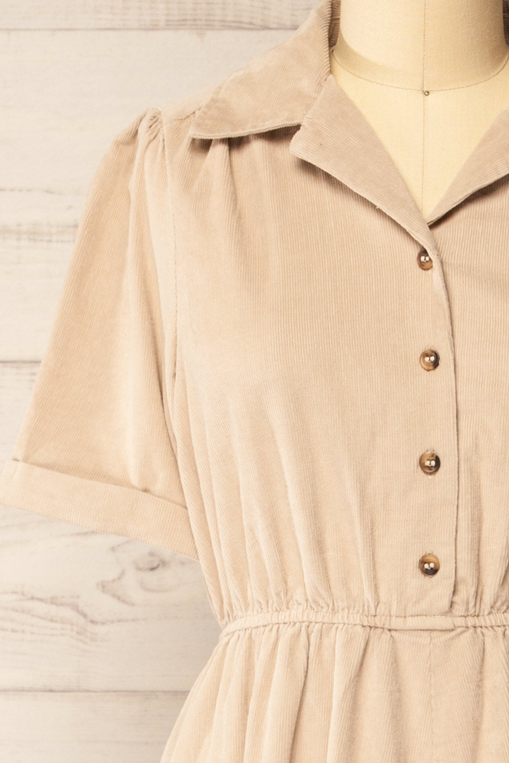Madera Beige Corduroy Midi Dress | La petite garçonne front close-up