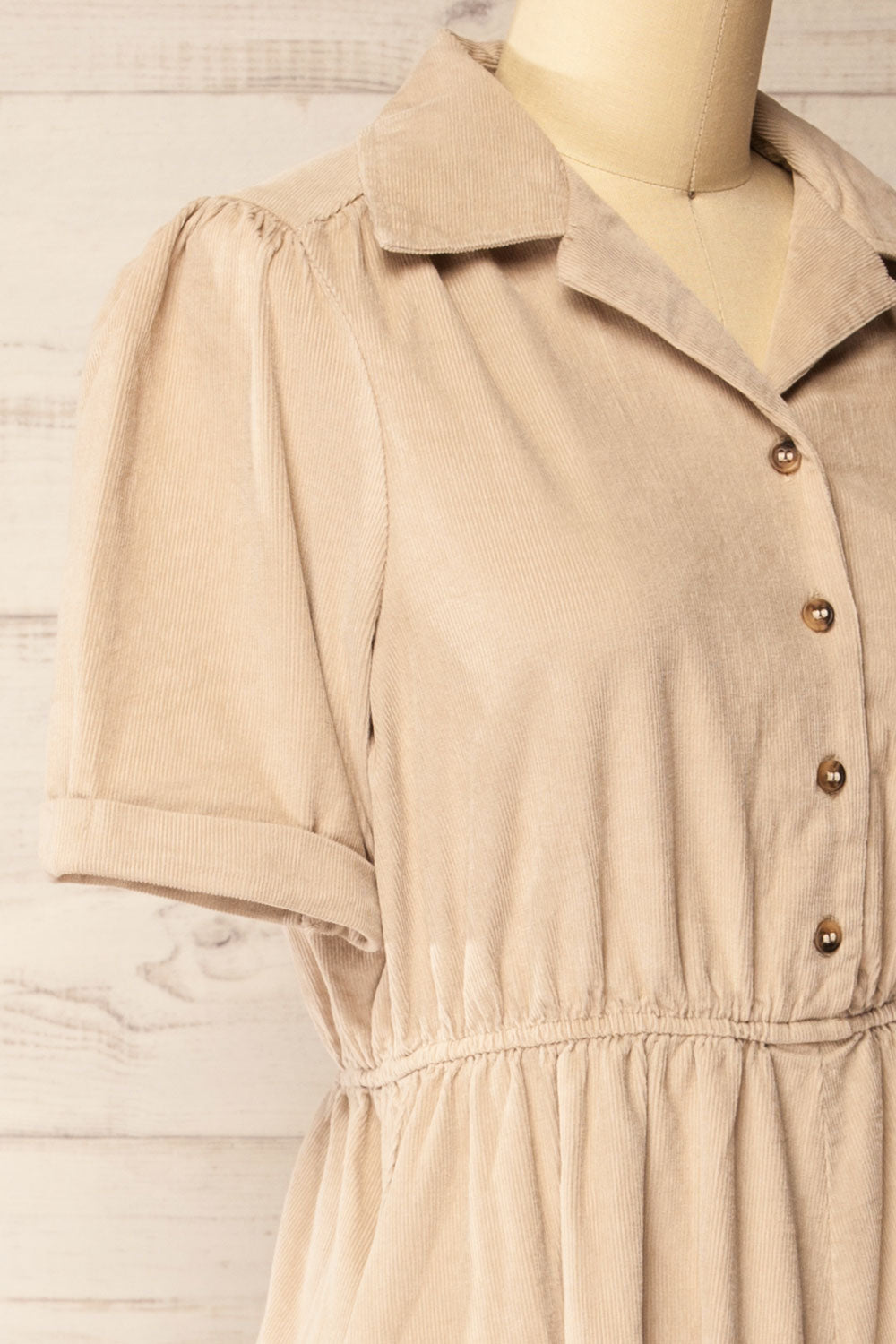 Madera Beige Corduroy Midi Dress | La petite garçonne side close-up