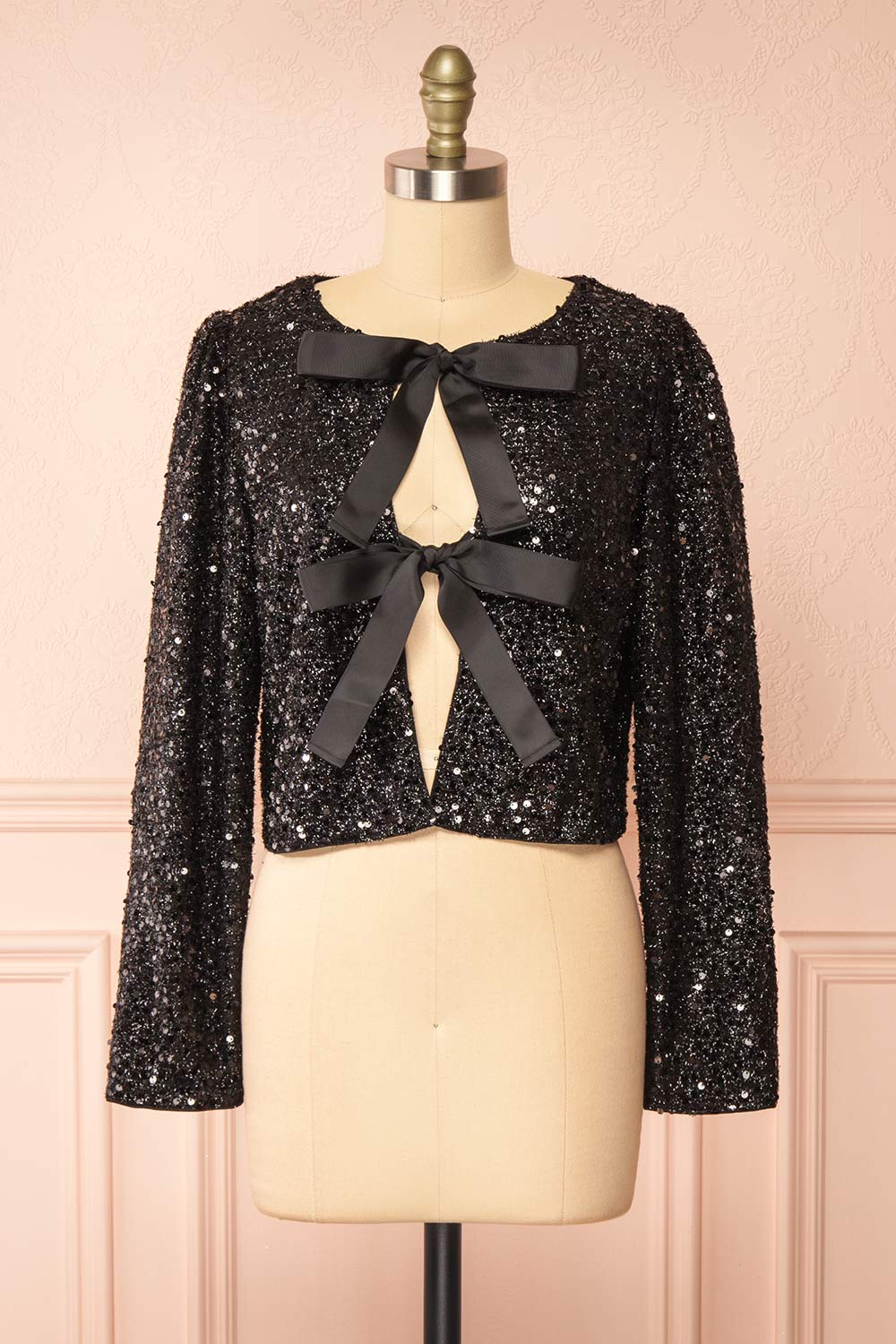 Maeline Black Sequins Cardigan w/ Bows | Boutique 1861 front view